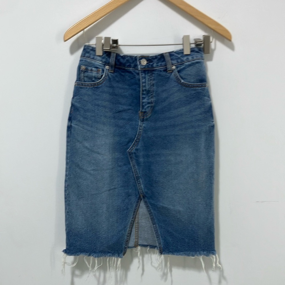 Denim Midi Skirt with Frayed Hem